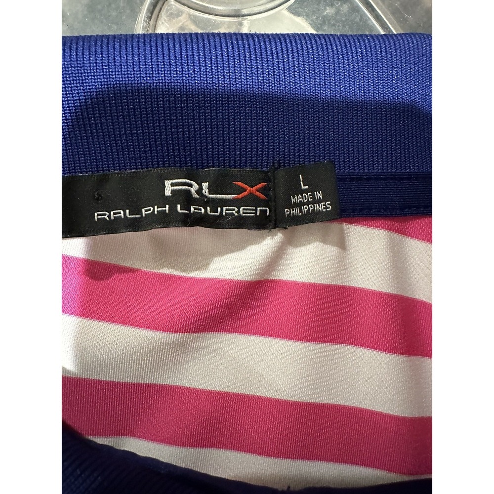 RLX Ralph Lauren Performance Polo Mens Pink Blue White Striped L - Picture 6 of 8